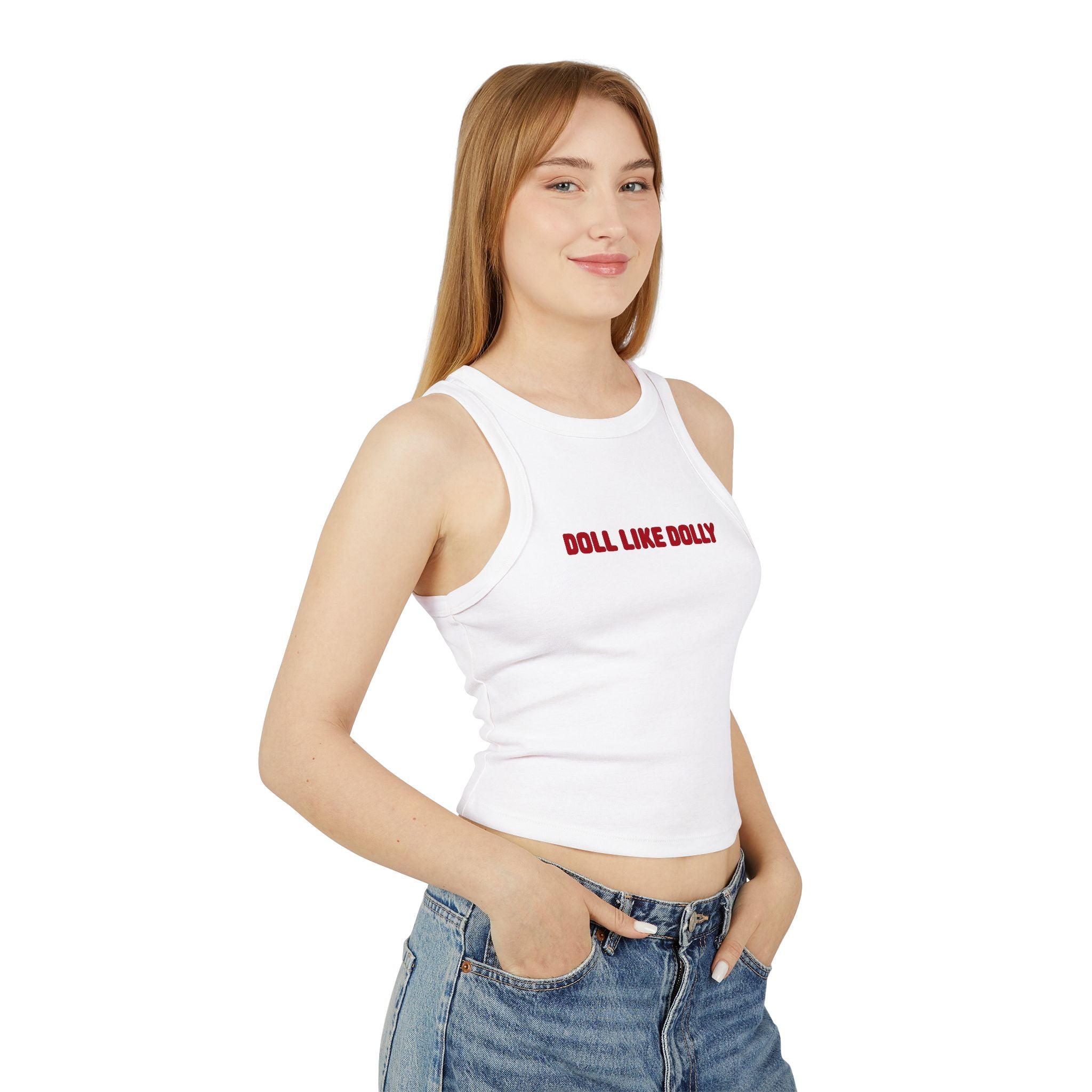 Doll Like Dolly  — Women's Cropped White Ribbed Tank with Red Text