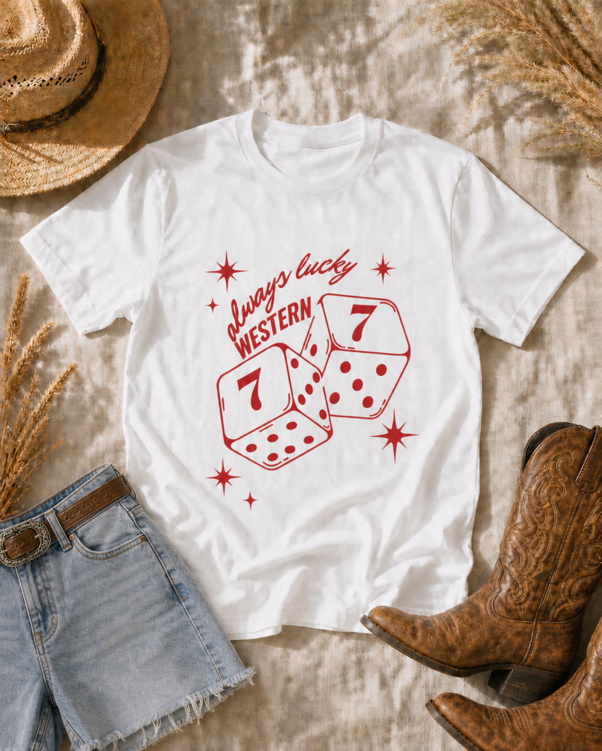 Always Lucky Western T-Shirt — western flat lay with cowboy hat and boots