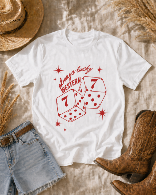 Always Lucky Western T-Shirt — western flat lay with cowboy hat and boots