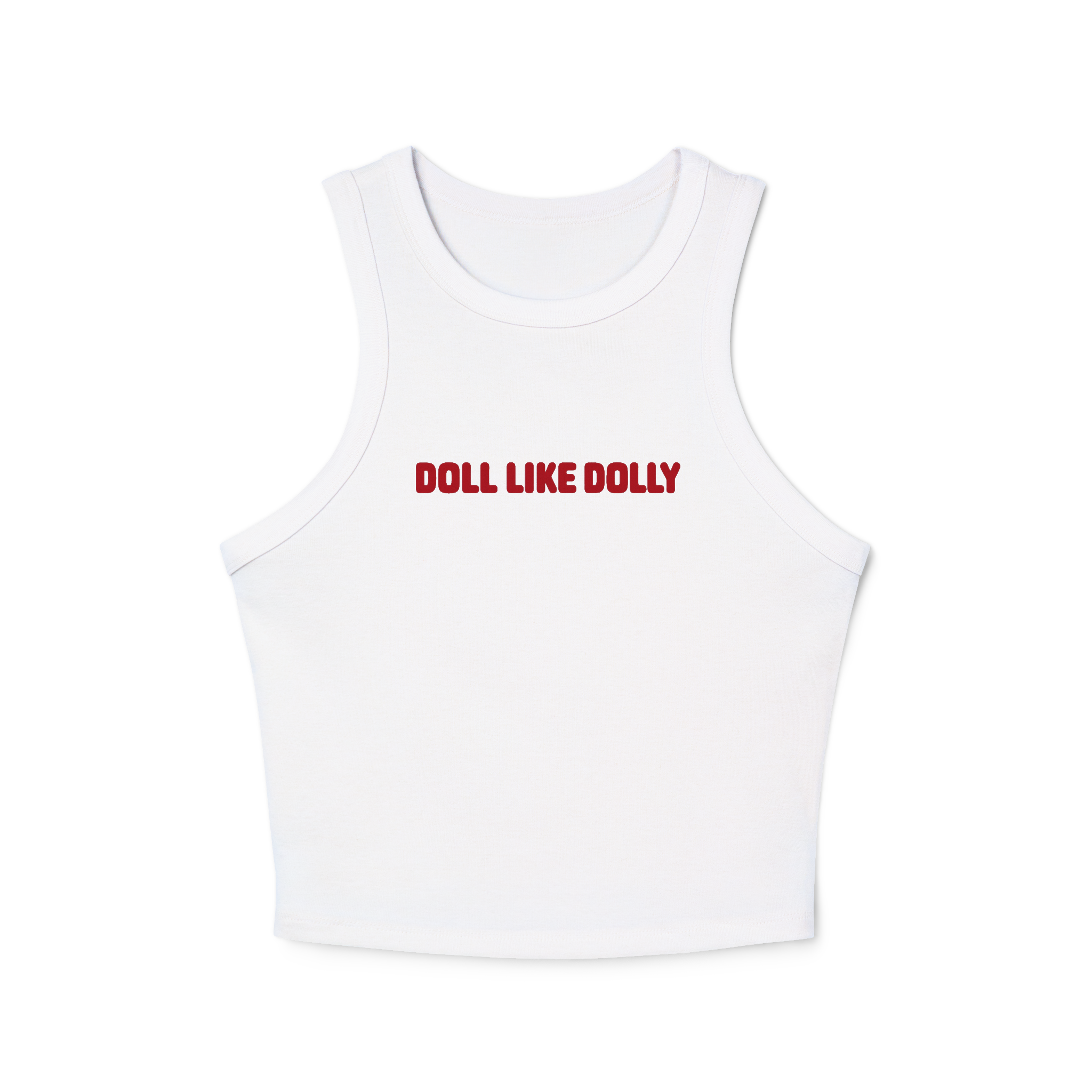 Doll Like Dolly  — Women's Cropped White Ribbed Tank with Red Text