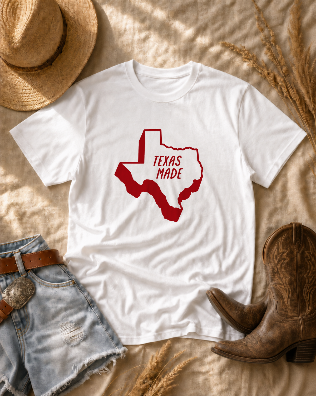 Texas Made T-Shirt — western flat lay with cowboy hat and boots
