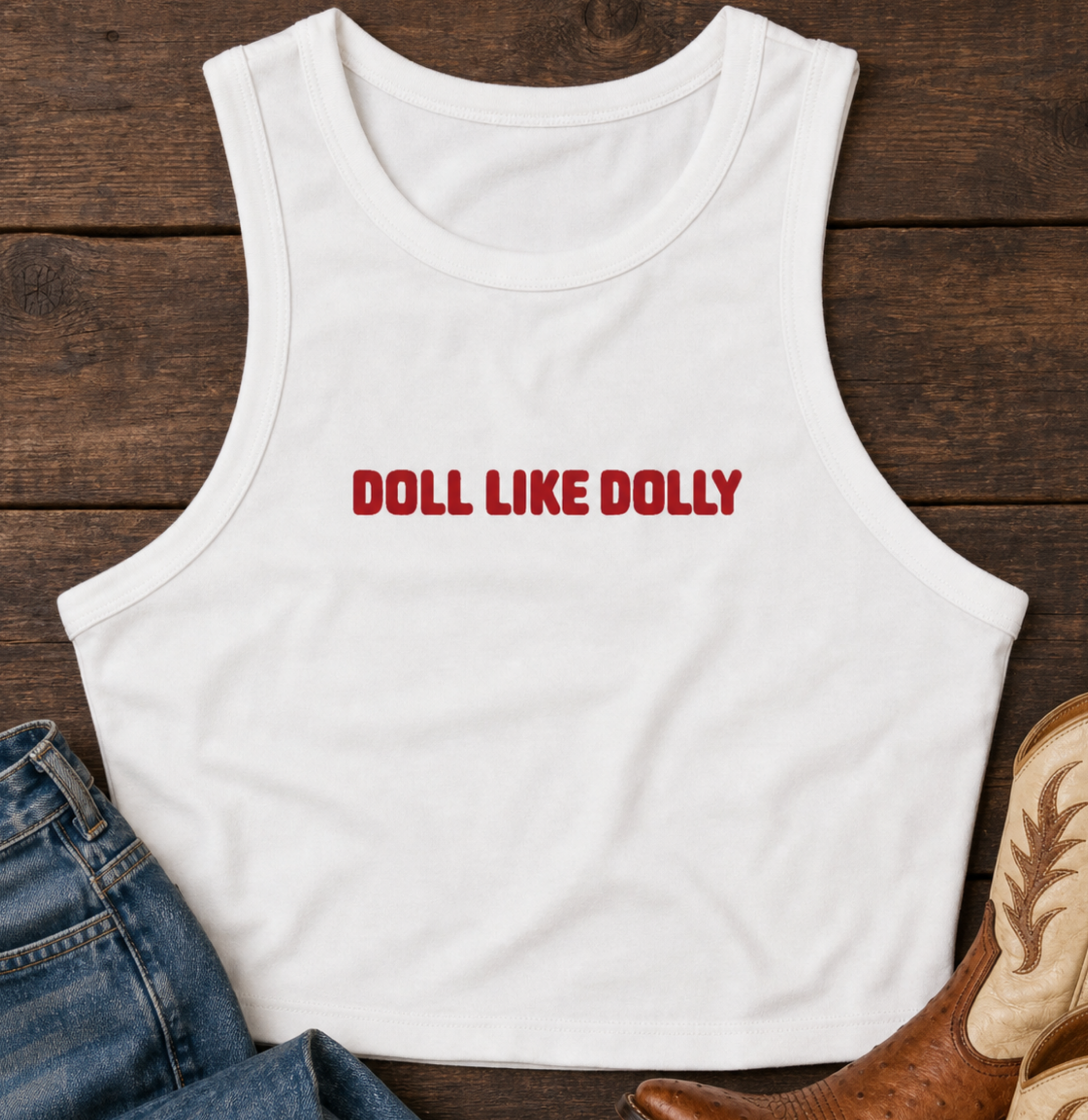 Doll Like Dolly  — Women's Cropped White Ribbed Tank with Red Text