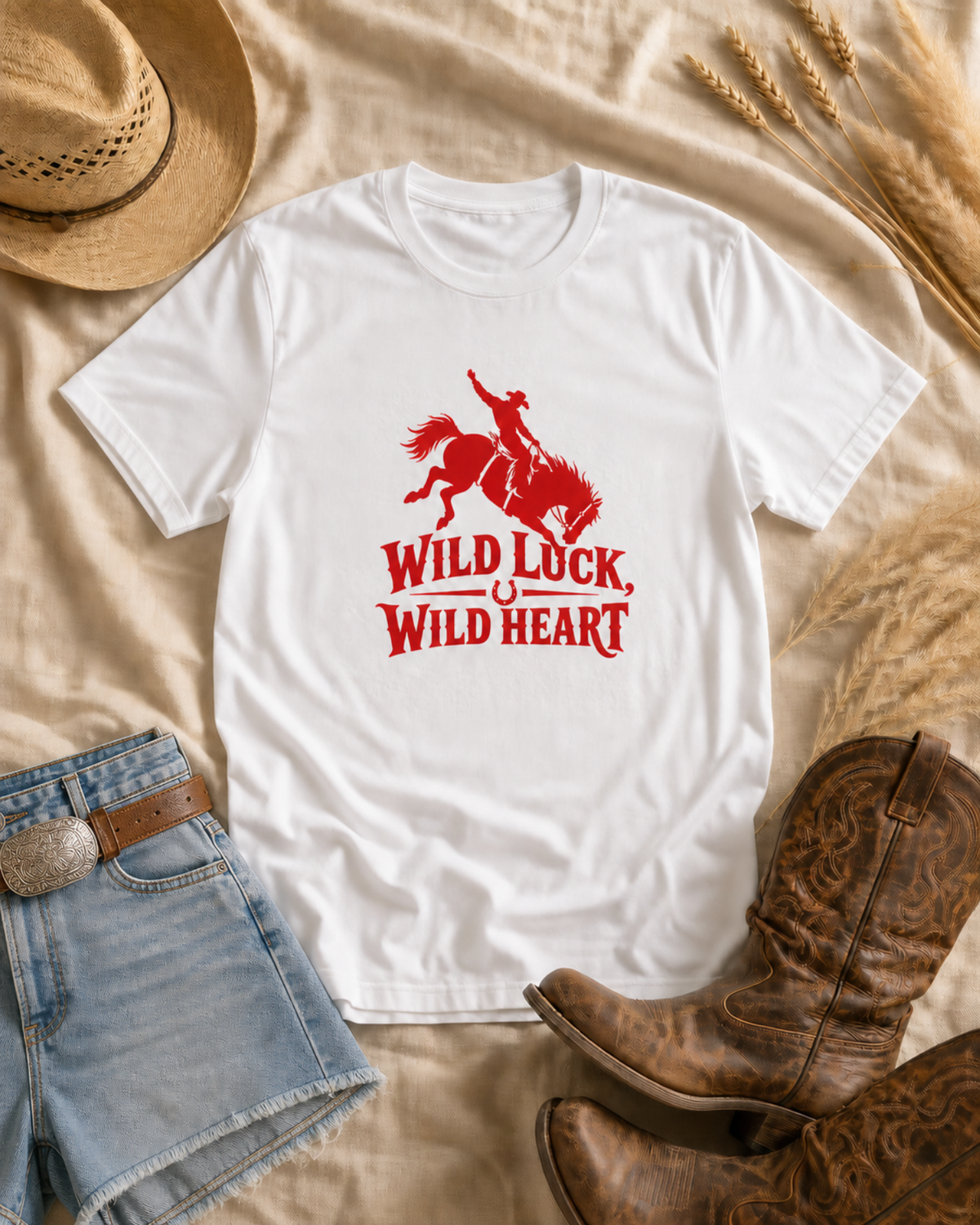 Wild Luck, Wild Heart T-Shirt — western flat lay with cowboy hat and boots